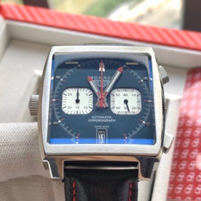TAG Heuer mens watch leather strap Monaco  Blue Dial Automatic Chronograph 39mm Watch
